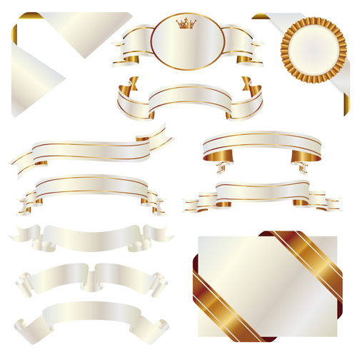 White with golden ribbon and labels vintage vector 03 white ribbon labels golden   