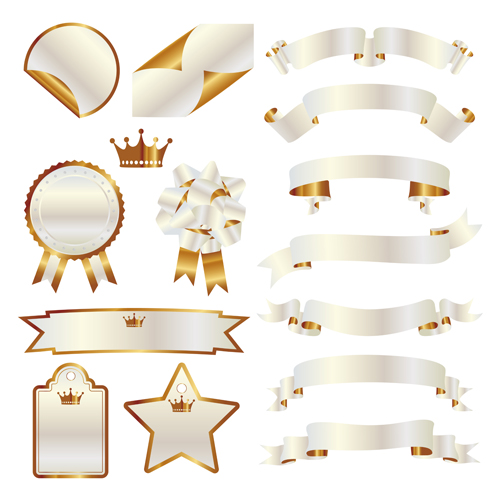 White with golden ribbon and labels vintage vector 02 white ribbon labels golden   