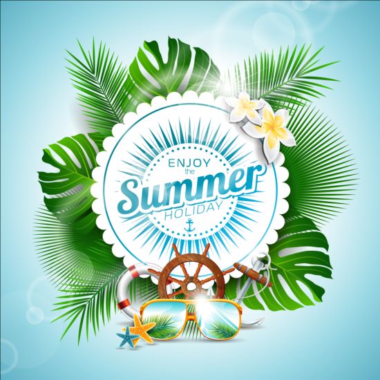 Palm leaves frame with summer background vector 03 summer Palm leaves frame background   