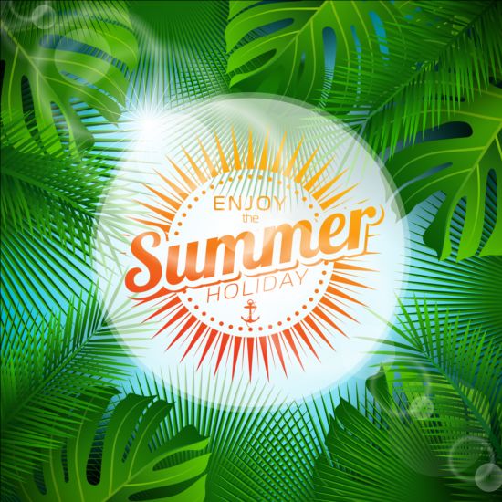 Palm leaves frame with summer background vector 02 summer Palm leaves frame background   