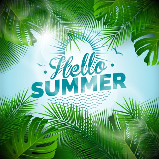 Palm leaves frame with summer background vector 01 summer Palm leaves frame background   