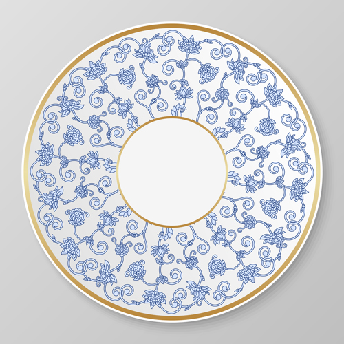 Golden frame plates with blue floral ornament vector plates ornament golden frame floral blue   
