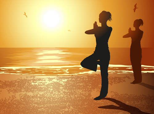 Seaside sunset background with yoga silhouetter vector 02 yoga sunset silhouetter seaside background   