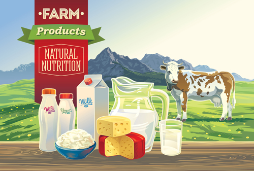 Farm landscape with milk product vector material 05 product milk landscape farm   