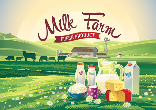 Farm landscape with milk product vector material 02 product milk landscape farm   