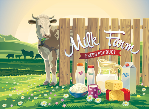 Farm landscape with milk product vector material 01 product milk landscape farm   
