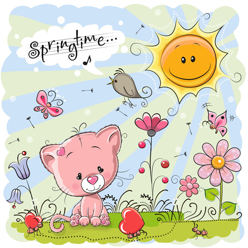 Cartoon springtime postcards cute vector 01 springtime postcards cute cartoon   