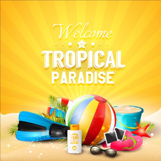 Tropical paradise holiday with orange background vector 02 tropical paradise orange holiday background   