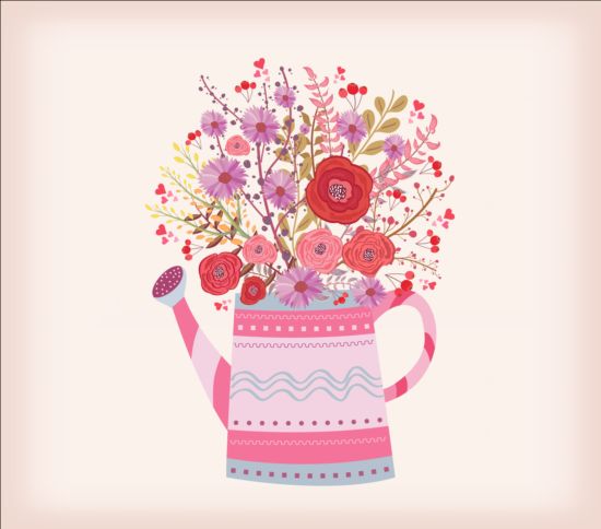 Watering can with watercolor flowers vector material 03 watering watercolor flowers can   