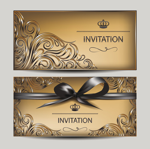 Vintage golden invitation cards with ribbon bow vector vintage ribbon invitation golden cards bow   