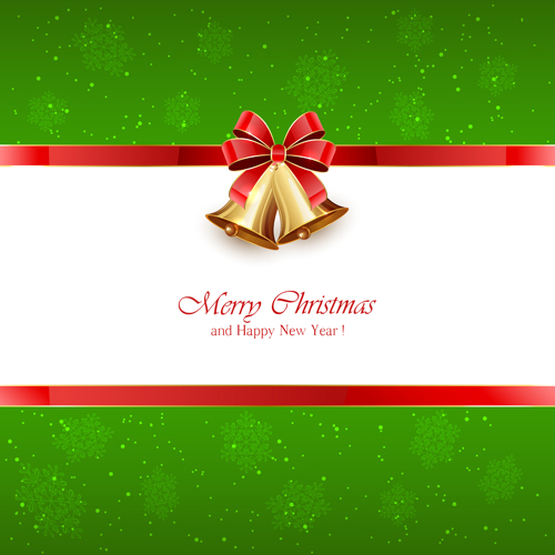 Green Christmas background with bells and red bow vector green christmas bow bells background   