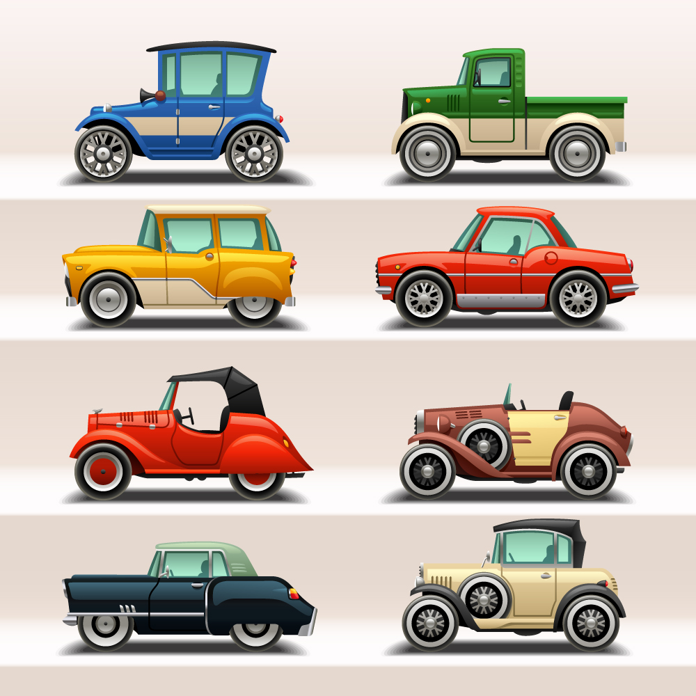 Retro car model vector set 03 Retro font model car   