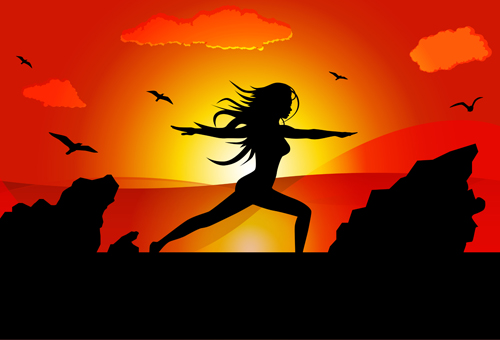 Yoga pose silhouetter with sunset background vector 03 yoga sunset silhouetter pose background   