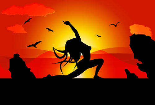 Yoga pose silhouetter with sunset background vector 02 yoga sunset silhouetter pose background   