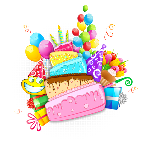 Cartoon birthday cake with birthday elements vector cartoon cake birthday   