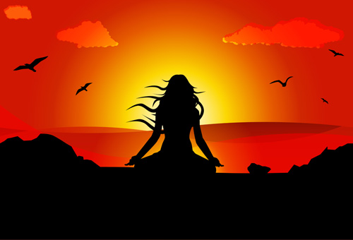 Yoga pose silhouetter with sunset background vector 01 yoga sunset silhouetter pose background   