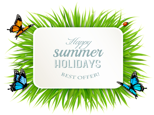 Summer holday background with green grass and butterflies vector 05 summer holday green grass butterflies background   