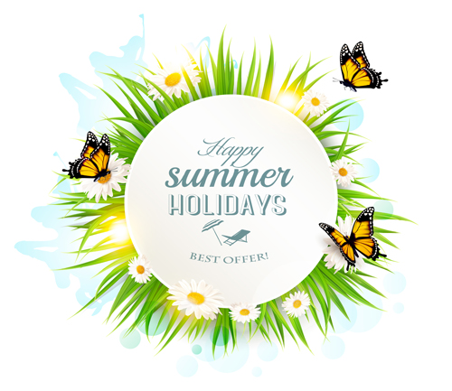 Summer holday background with green grass and butterflies vector 04 summer holday green grass butterflies background   