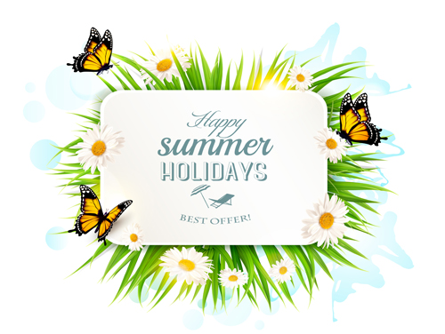 Summer holday background with green grass and butterflies vector 03 summer holday green grass butterflies background   
