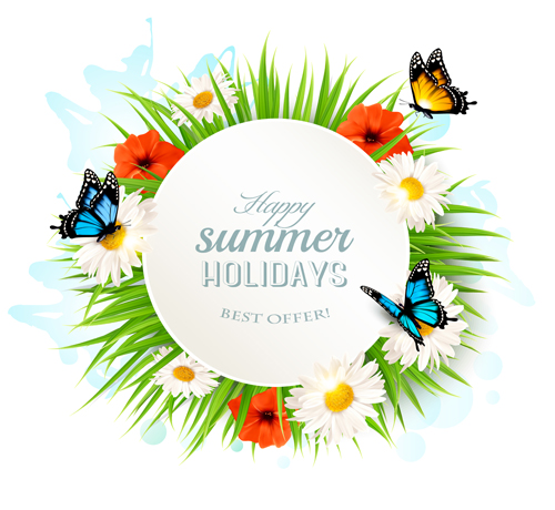Summer holday background with green grass and butterflies vector 02 summer holday green grass butterflies background   