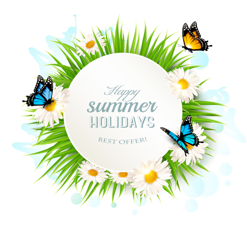 Summer holday background with green grass and butterflies vector 01 summer holday green grass butterflies background   