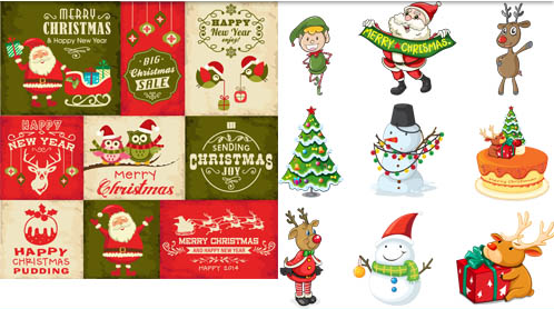 Vintage Christmas background with santa snowman and tree vector vintage snowman santa christmas   