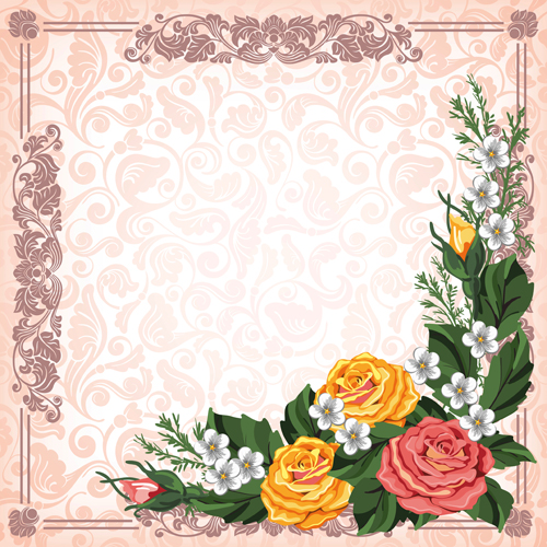 Beautiful flower with retro frame vector material 08 Retro font frame flower beautiful   