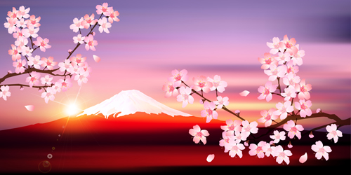 Sakura with snow mountain vector background snow sakura mountain background   