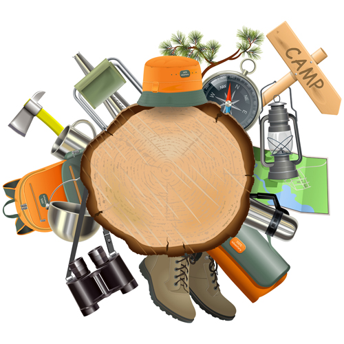 Wooden doard with camping accessories vector wooden doard camping accessories   