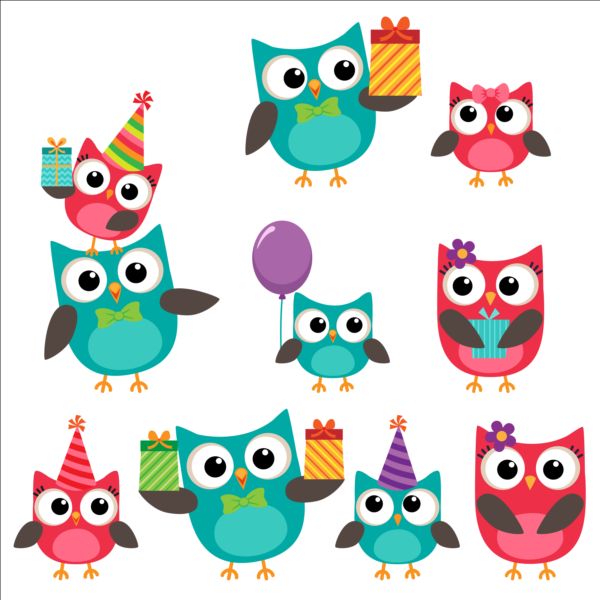 Cute owls with birthday cake and balloon vector 02 owls cute cake birthday balloon   