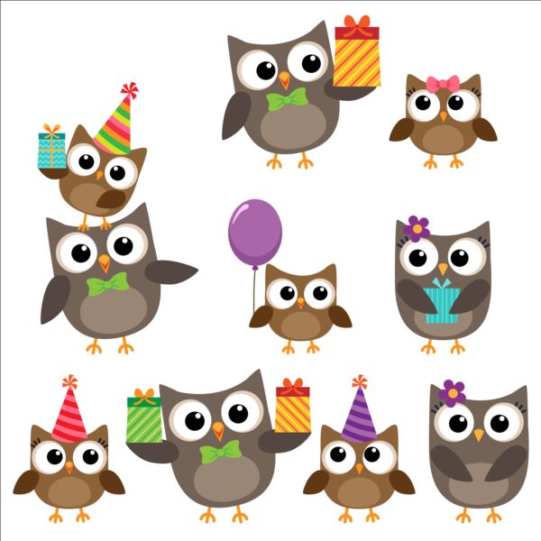 Cute owls with birthday cake and balloon vector 01 owls cute cake birthday balloon   