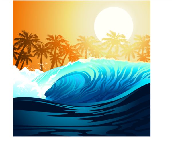 Wave with palm trees and sun vector background wave trees sun Palm background   