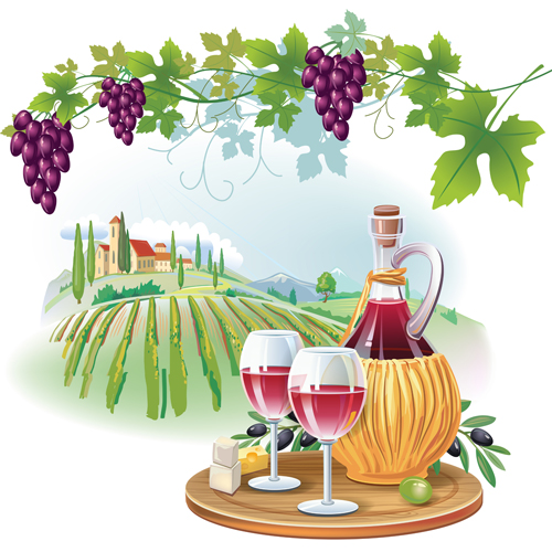 Wine cheese and grapes with farm vector 01 wine grapes farm cheese   