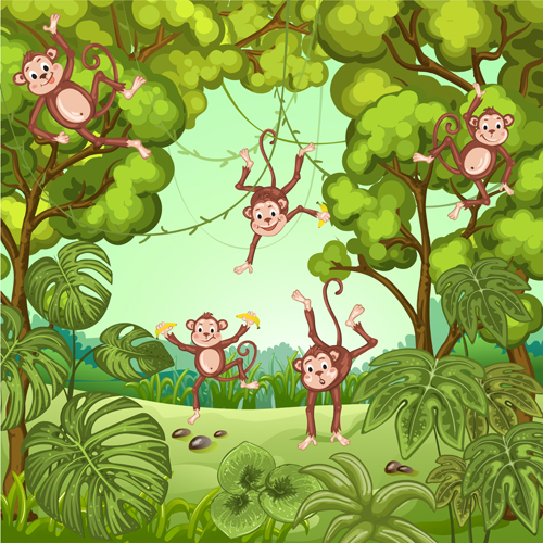 Jungle with monkeys cartoon vector monkeys jungle cartoon   