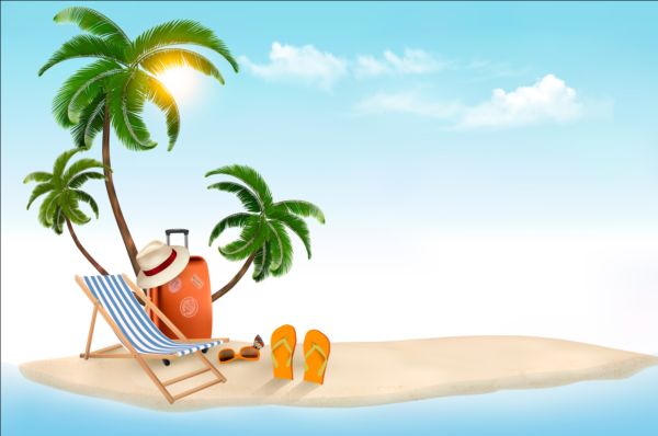 Beach chair and palms tree with travel background vector 04 tree travel palms chair beach background   