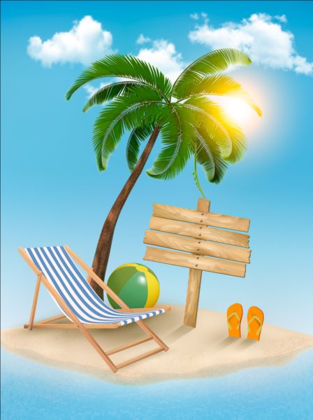 Beach chair and palms tree with travel background vector 03 tree travel palms chair beach background   