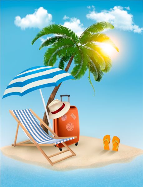 Beach chair and palms tree with travel background vector 02 tree travel palms chair beach background   