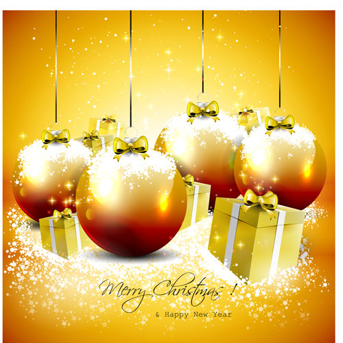 016 Christmas golden baubles with gift box vector golden gift box christmas box baubles 2016   