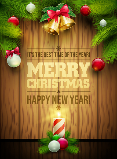 2016 Christmas with new year ornaments and wooden background vector wooden ornaments new year christmas 2016   