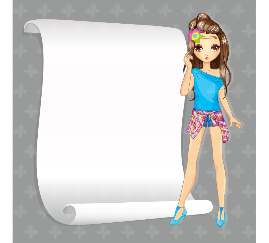 Beautiful girl with blank paper vector 10 paper girl blank beautiful   
