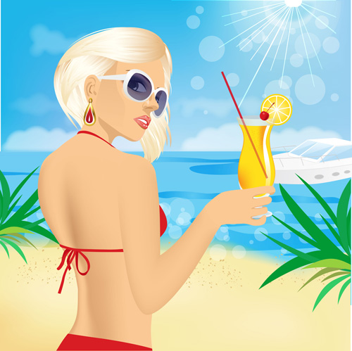 Girl with summer sea and beach vector background 02 summer girl beach background   