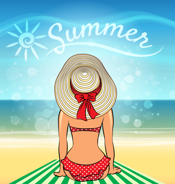 Girl with summer sea and beach vector background 01 summer girl beach background   