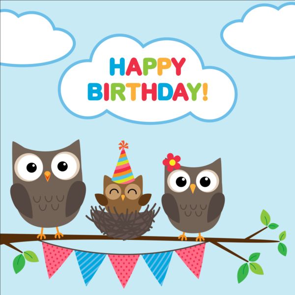 Happy birthday card and cute owls vector 01 owls happy cute card birthday   