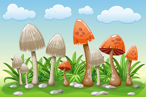 Cartoon mushrooms with nature scenery vector 05 scenery nature mushrooms cartoon   