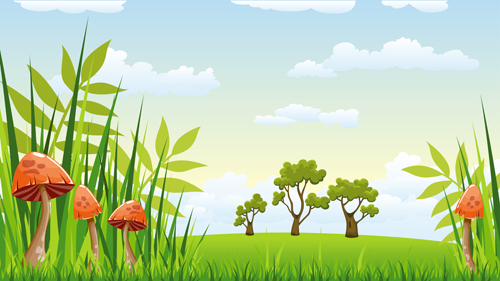 Cartoon mushrooms with nature scenery vector 02 scenery nature mushrooms cartoon   