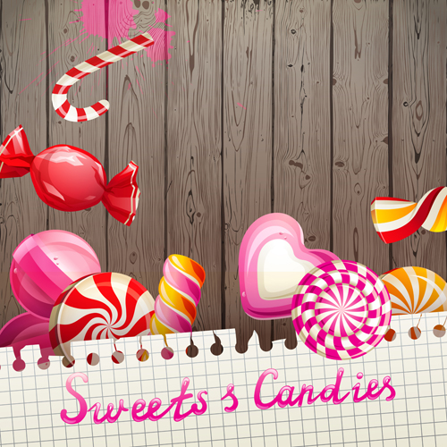 Sweets candies with wooden background vector 02 wooden sweets candies background   