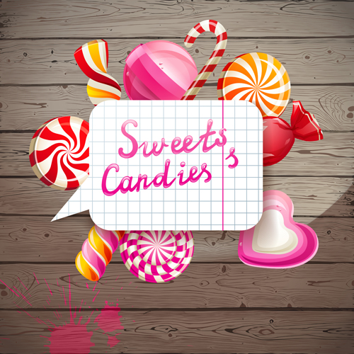 Sweets candies with wooden background vector 01 wooden sweets candies background   