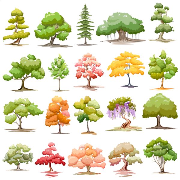 Colored trees vector set trees colored   