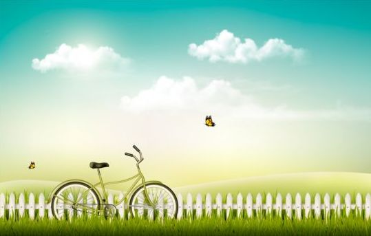 Nature summer background with green grass and bike vector 02 summer nature green grass bike background   