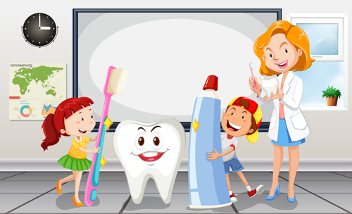 Cartoon children with dental care vector 03 Dental children cartoon care   